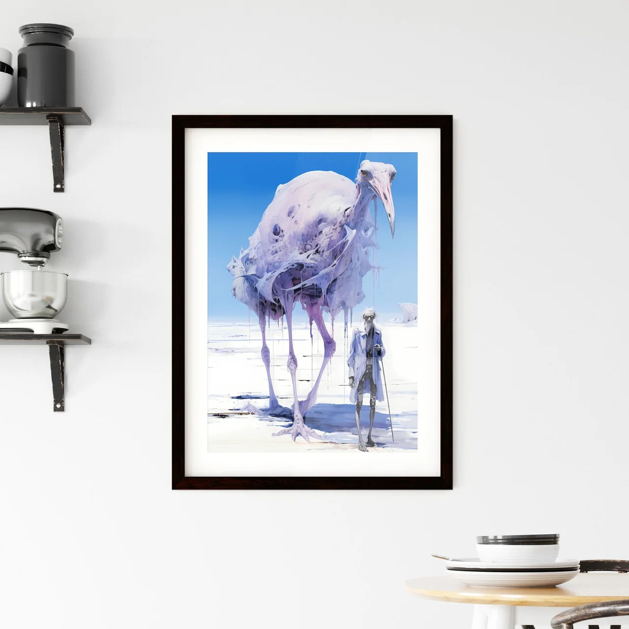 A Poster of A rider on a large ostrich  Framed Print