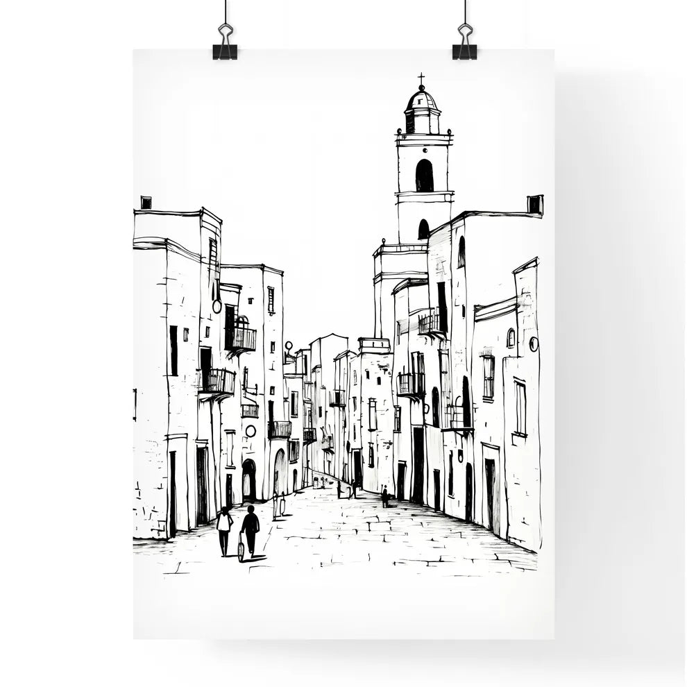 A Poster of Trapani TP city center and some people - A Drawing Of A Street With Buildings Poster