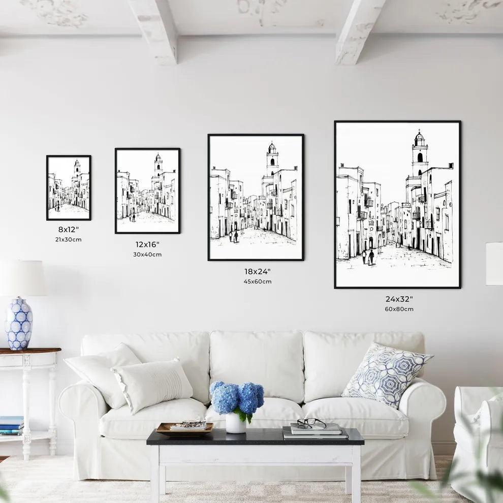 A Poster of Trapani TP city center and some people - A Drawing Of A Street With Buildings Size Chart