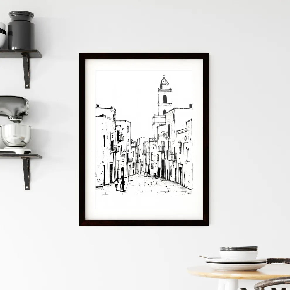 A Poster of Trapani TP city center and some people - A Drawing Of A Street With Buildings Custom Print