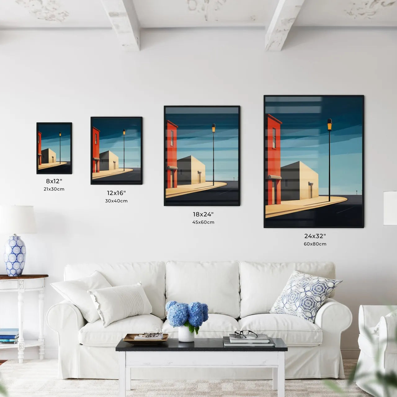 A Poster of end of the road - A Street Light And A Building Size Chart