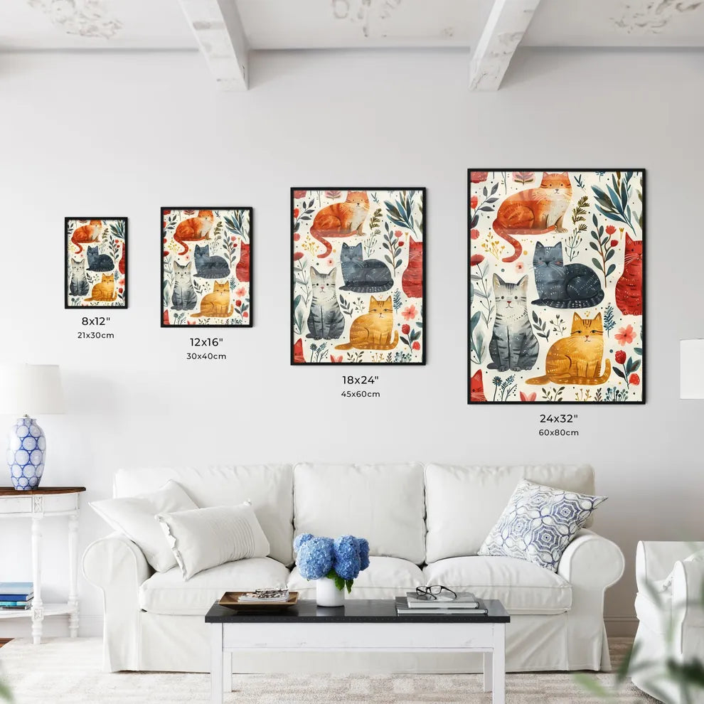A Poster of cats eclectic squares on a white background  Size Chart