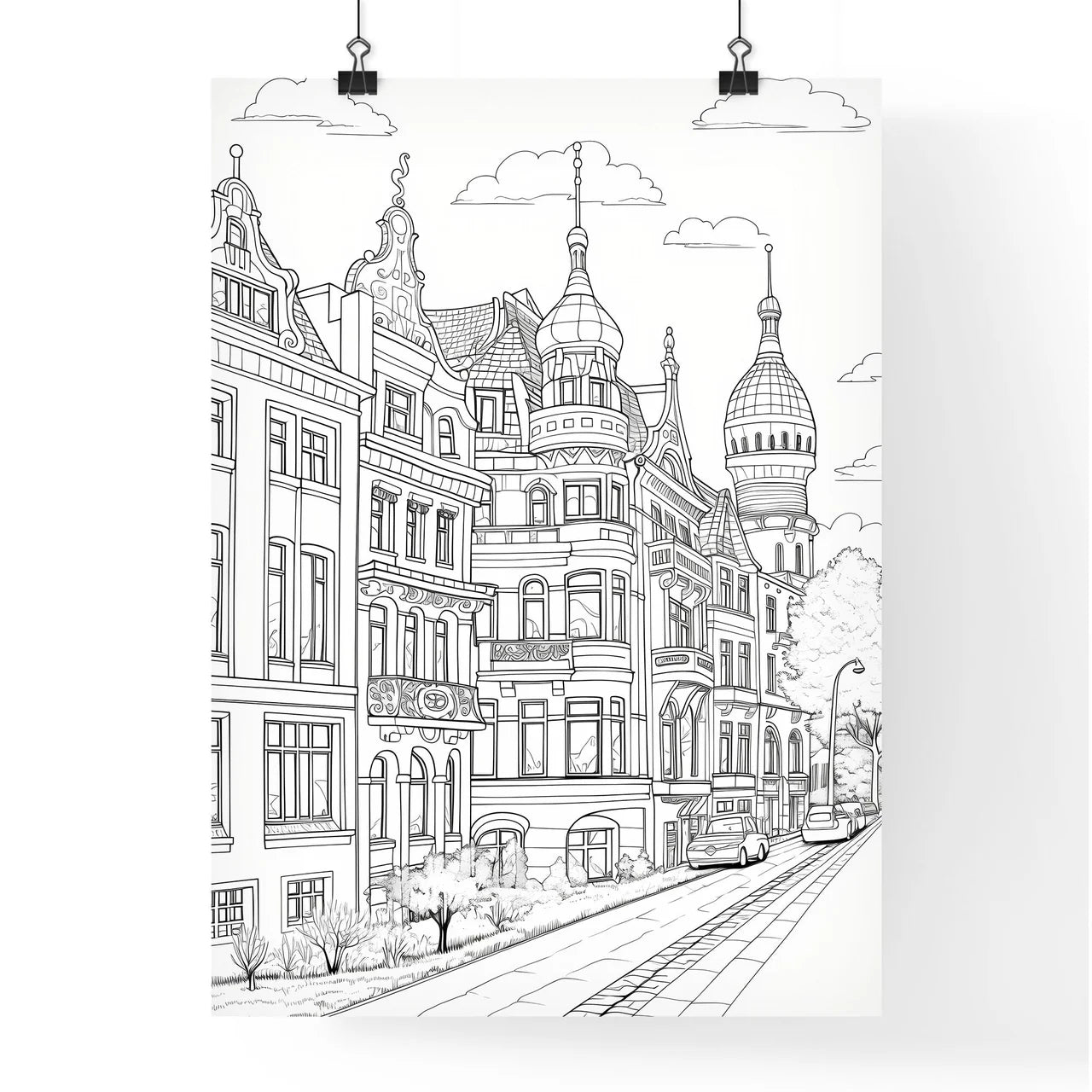 A Poster of berlin houses coloring page - A Drawing Of A Street With Buildings And Cars Poster