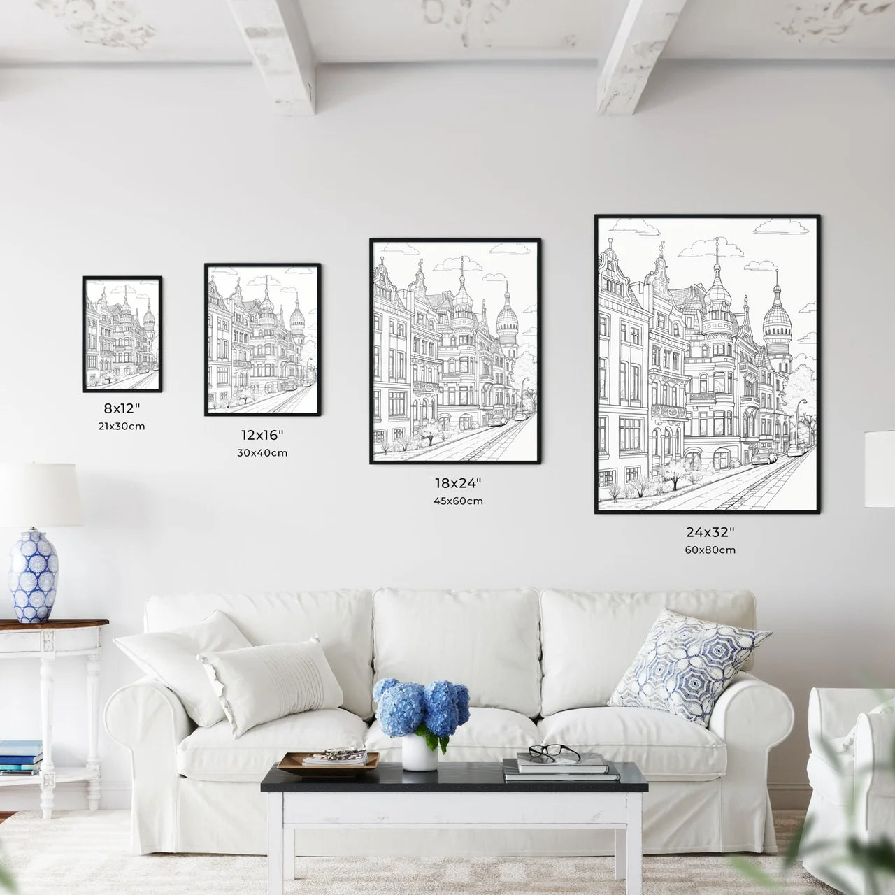 A Poster of berlin houses coloring page - A Drawing Of A Street With Buildings And Cars Size Chart