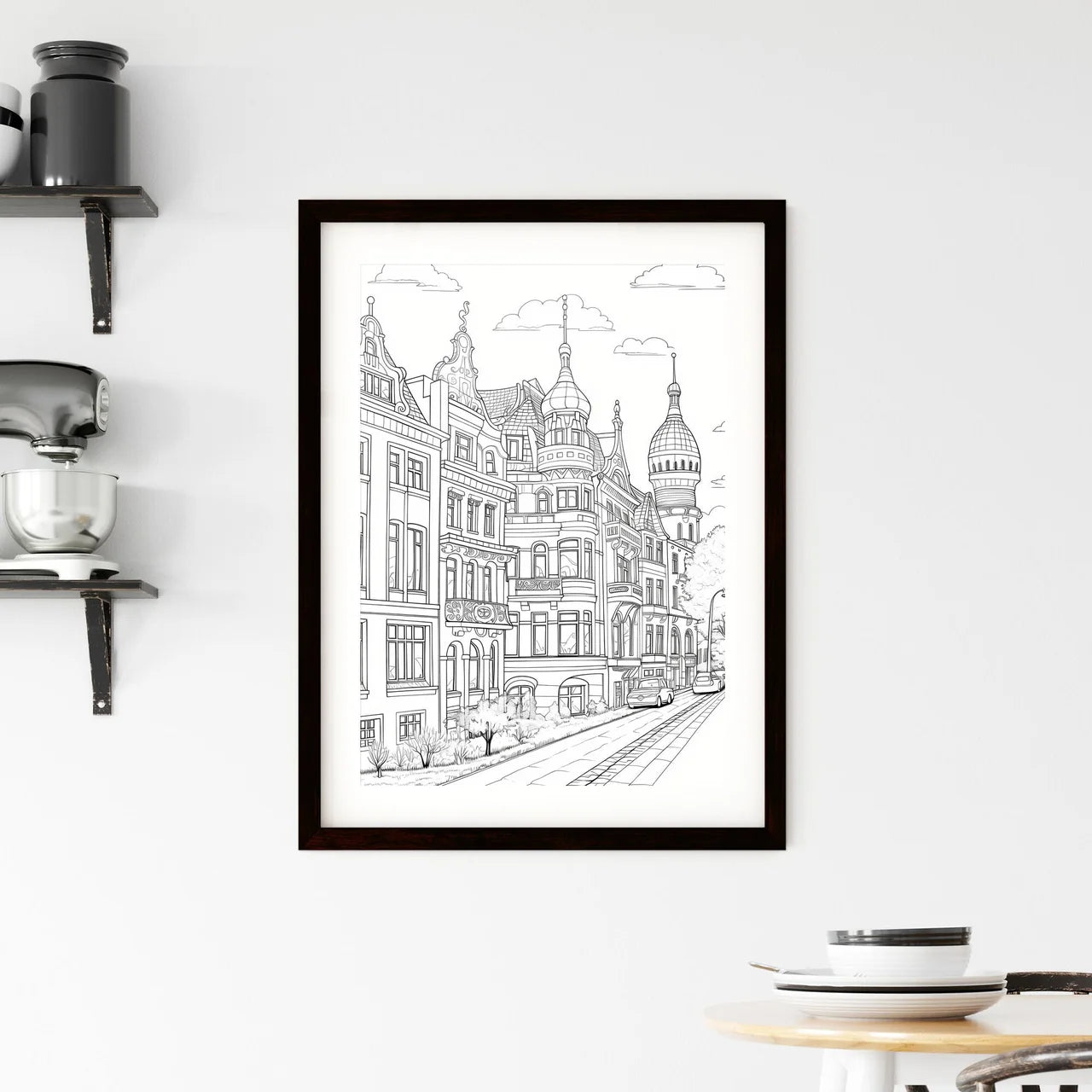 A Poster of berlin houses coloring page - A Drawing Of A Street With Buildings And Cars Custom Print