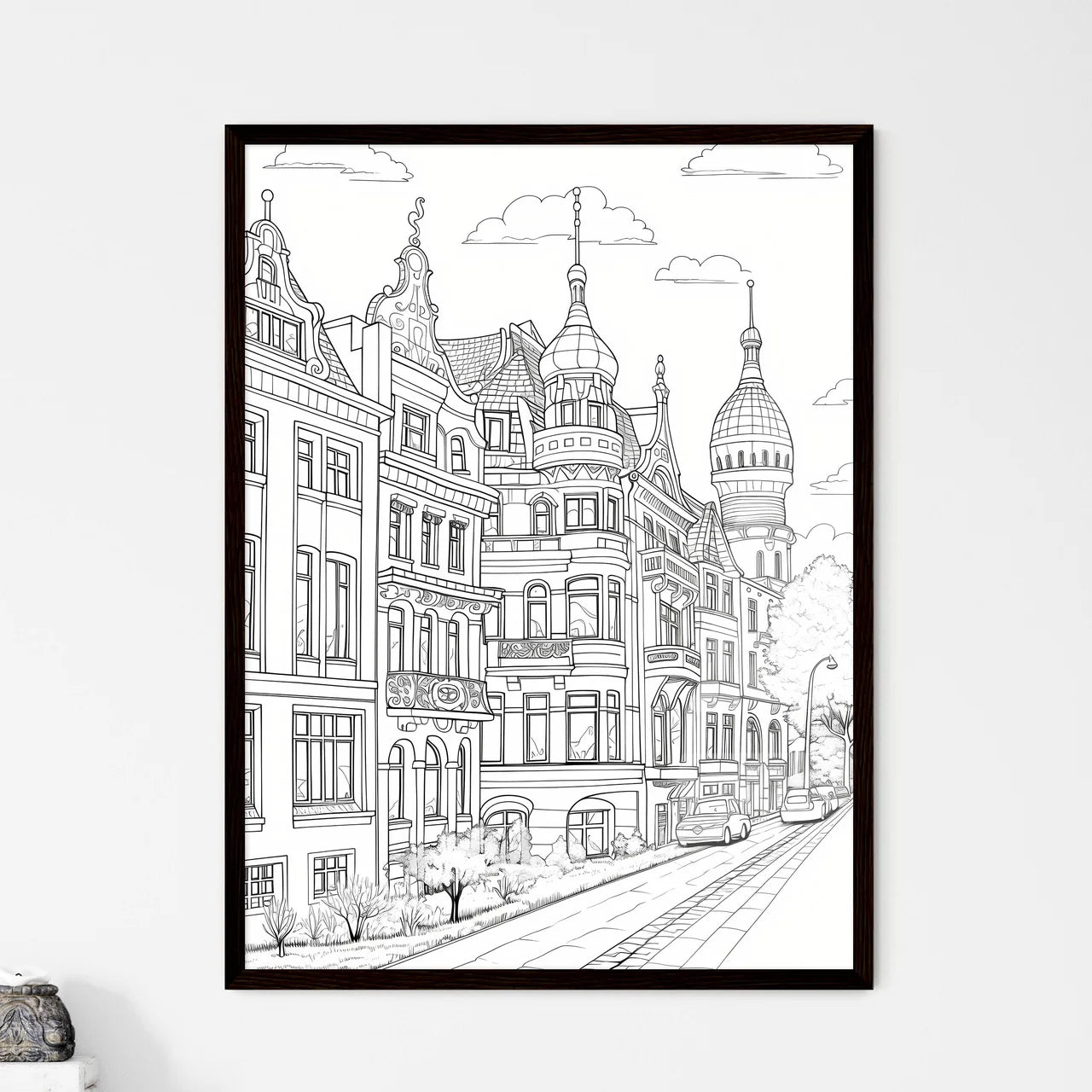 A Poster of berlin houses coloring page - A Drawing Of A Street With Buildings And Cars Framed Art