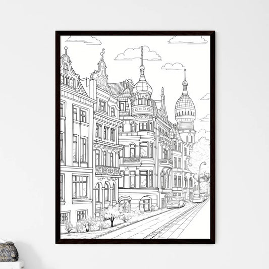 A Poster of berlin houses coloring page - A Drawing Of A Street With Buildings And Cars Framed Art