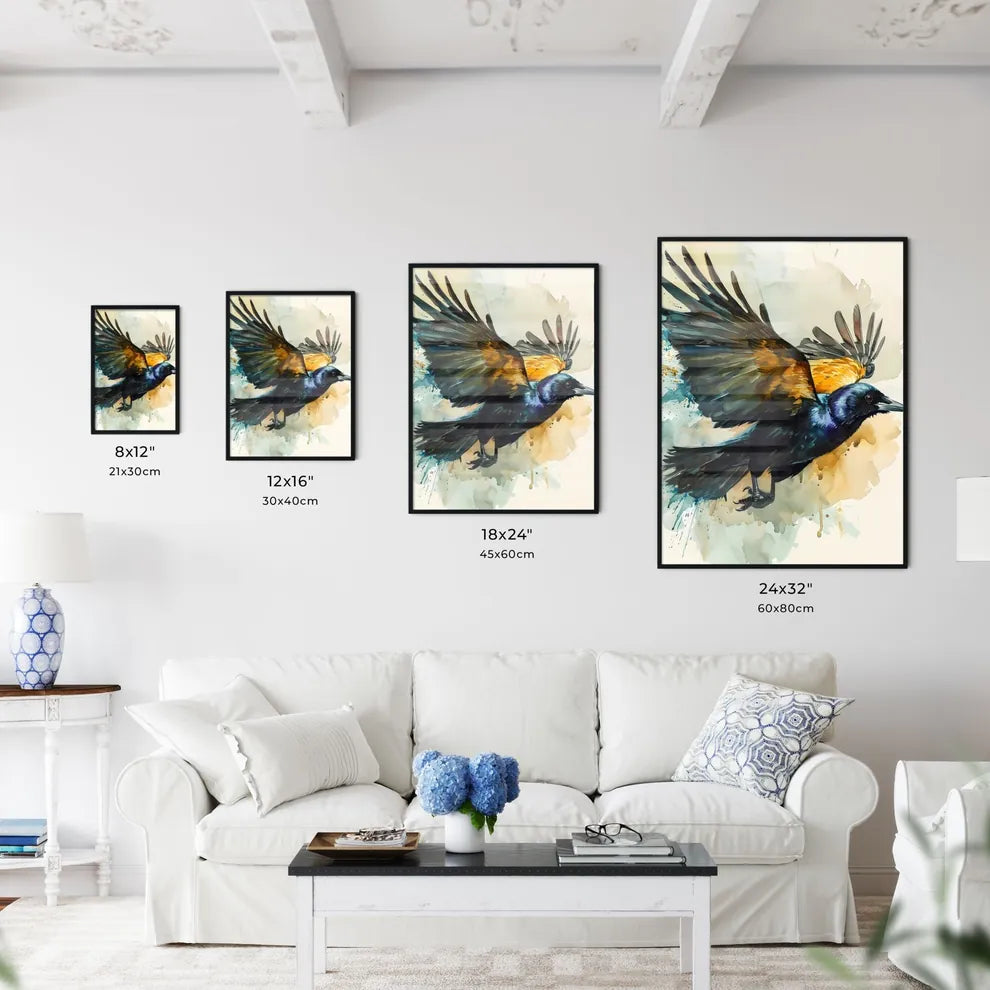 A Poster of watercolor bird in flight in beige tones  Size Chart