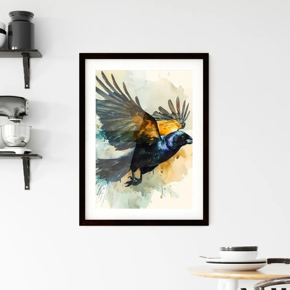 A Poster of watercolor bird in flight in beige tones  Framed Print