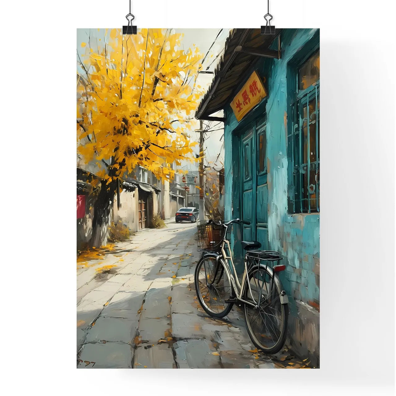 A Poster of an oil painting of a bicycle against a yellow tree - A Bicycle Parked On A Sidewalk Poster