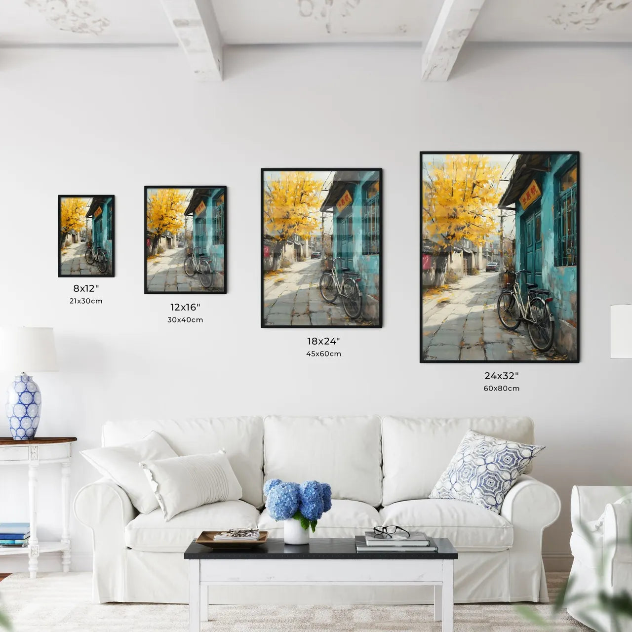 A Poster of an oil painting of a bicycle against a yellow tree - A Bicycle Parked On A Sidewalk Size Chart