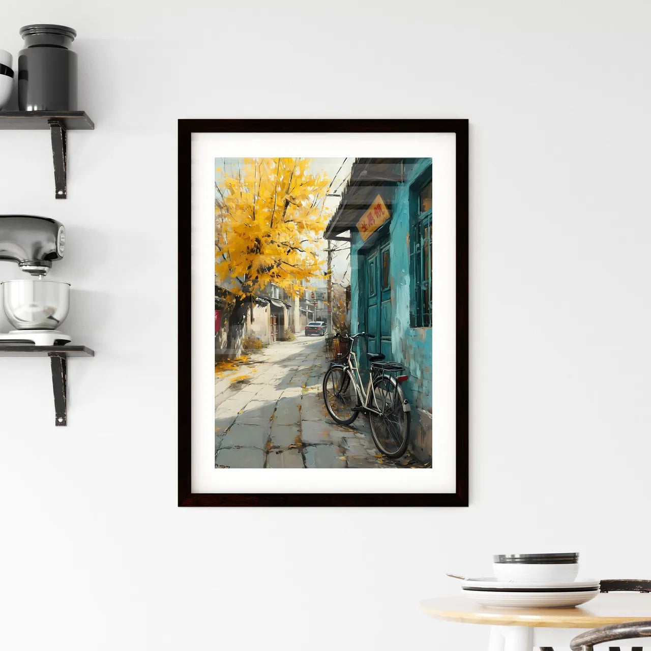 A Poster of an oil painting of a bicycle against a yellow tree - A Bicycle Parked On A Sidewalk Custom Print