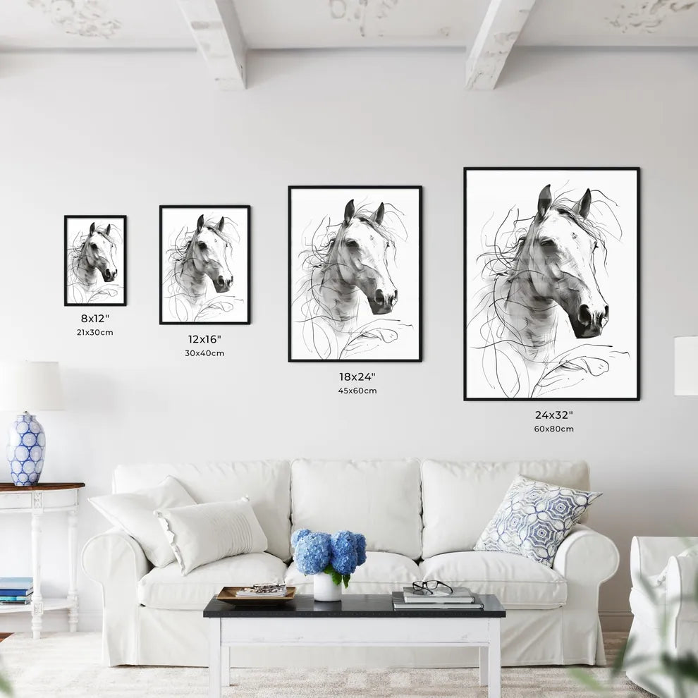A Poster of a line art drawing of a horses face  Size Chart
