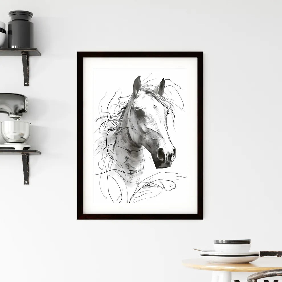 A Poster of a line art drawing of a horses face  Framed Print