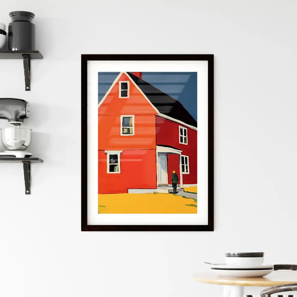 A Poster of nursing home saturated color - A Person Walking In Front Of A Red House Custom Print