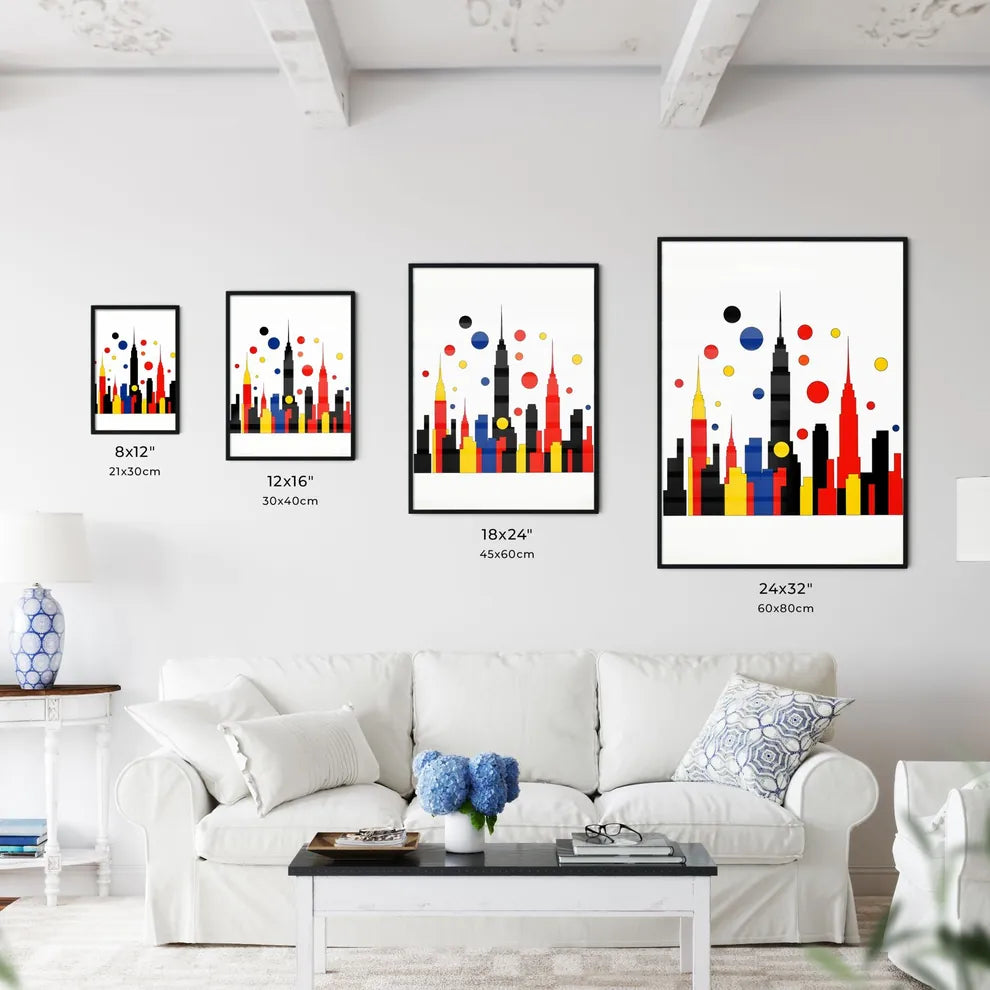 A Poster of minimalist New York City skyline - A Colorful Cityscape With Dots Size Chart