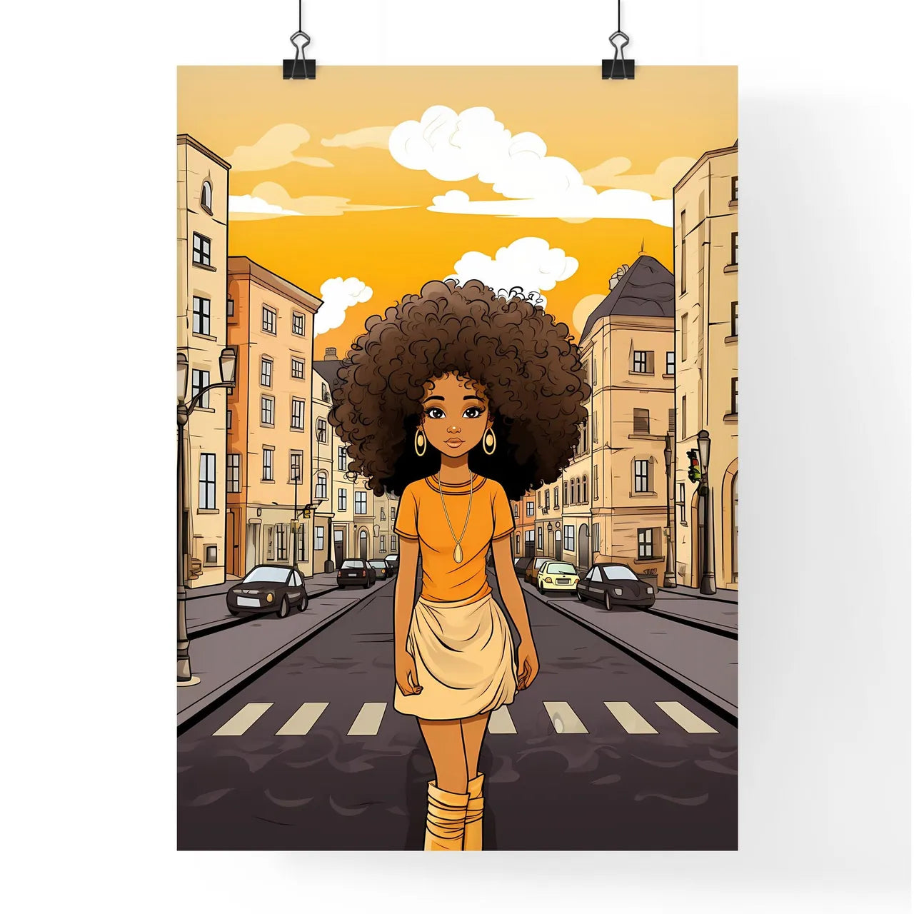 A Poster of cute afro girl - Cartoon Of A Woman Walking On A Street Poster