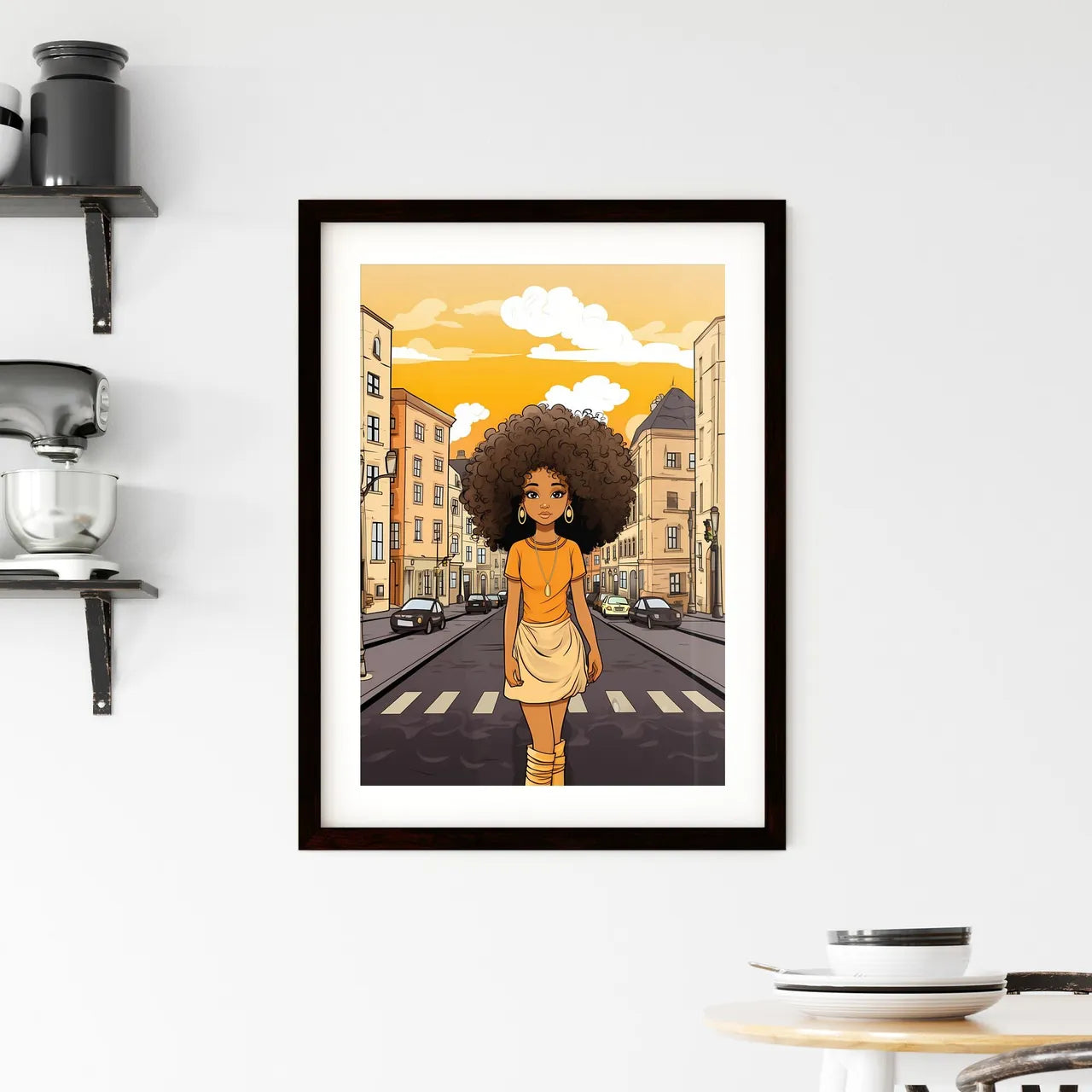 A Poster of cute afro girl - Cartoon Of A Woman Walking On A Street Custom Print