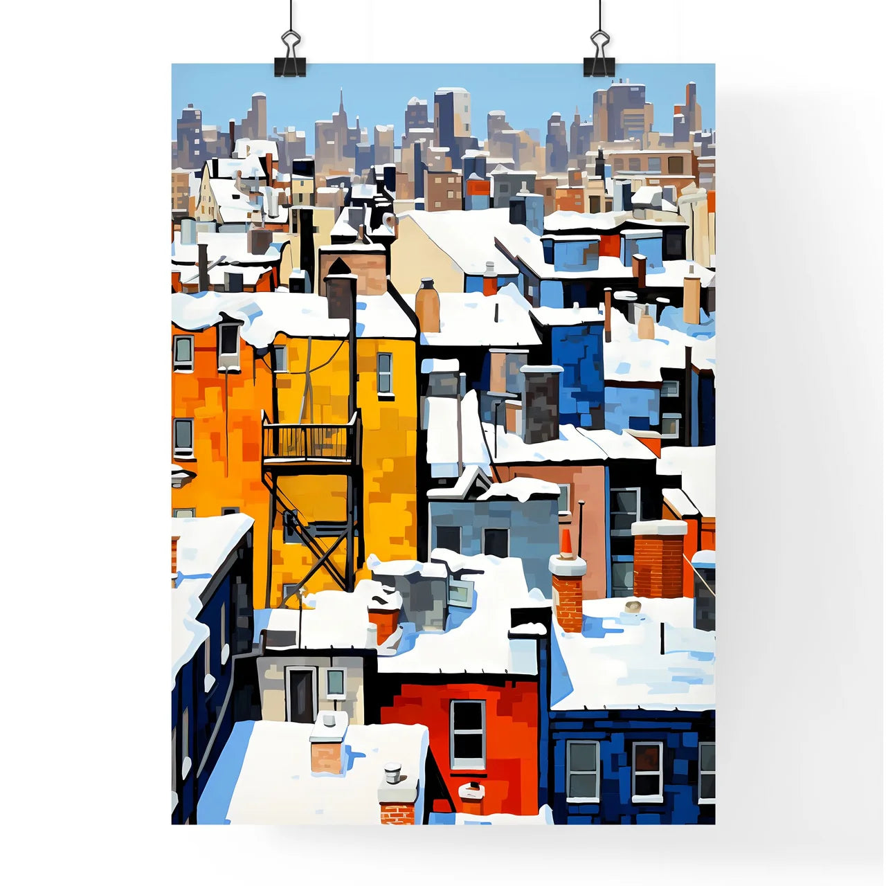 A Poster of snowy urban roofs of New York City - A Group Of Buildings Covered In Snow Poster