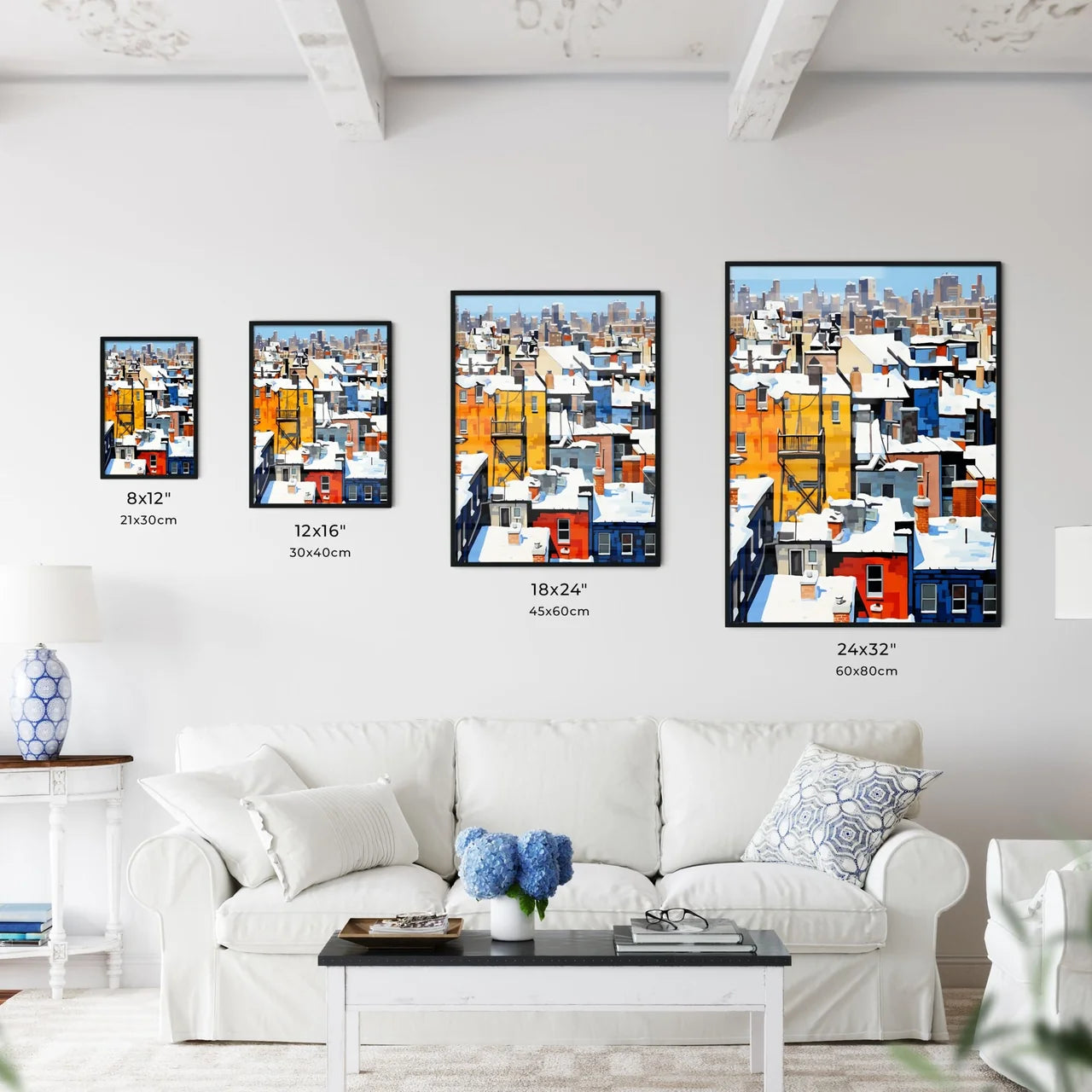 A Poster of snowy urban roofs of New York City - A Group Of Buildings Covered In Snow Size Chart