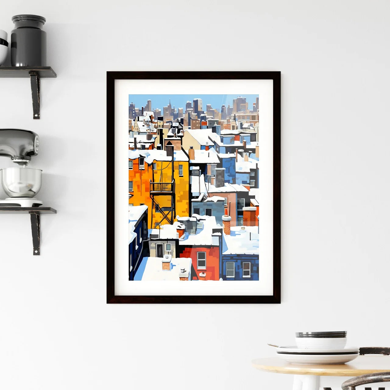 A Poster of snowy urban roofs of New York City - A Group Of Buildings Covered In Snow Custom Print