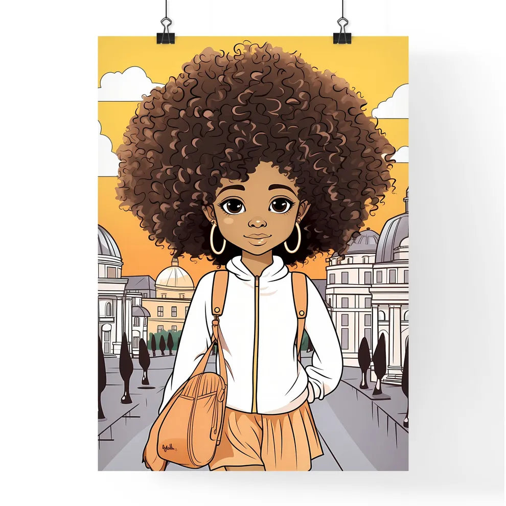 A Poster of cute afro girl - Cartoon Girl With Big Curly Hair And Large Bag Poster