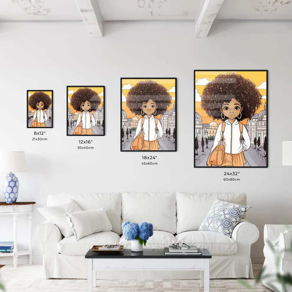 A Poster of cute afro girl - Cartoon Girl With Big Curly Hair And Large Bag Size Chart