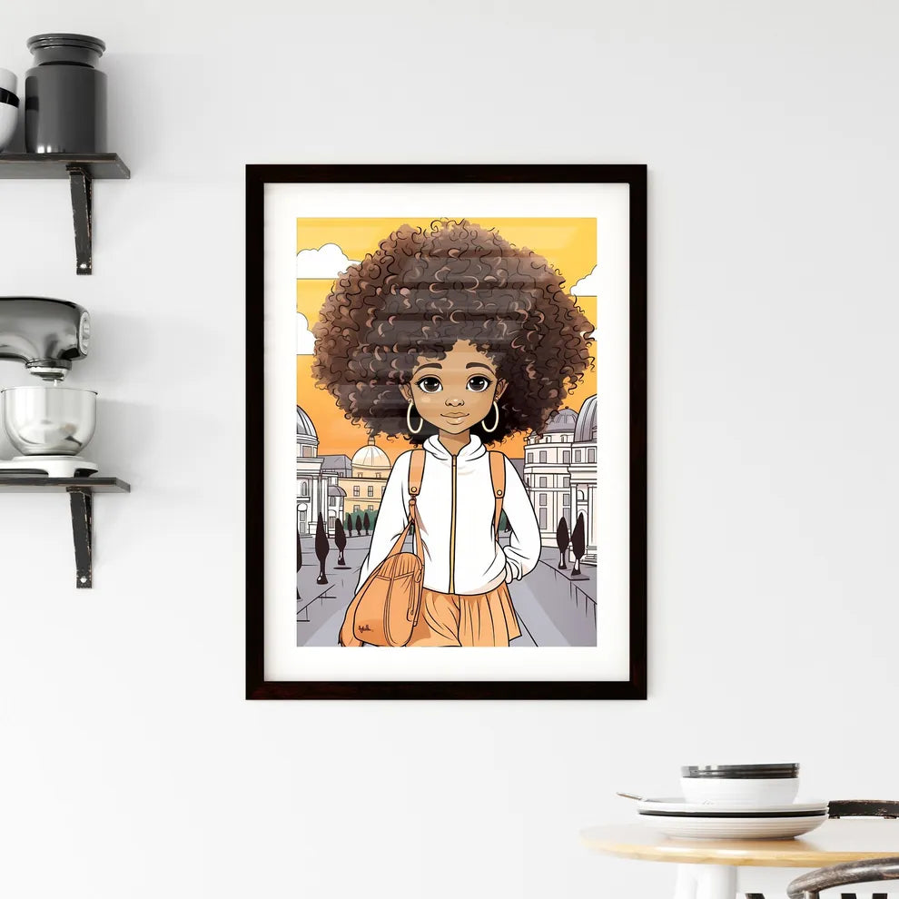 A Poster of cute afro girl - Cartoon Girl With Big Curly Hair And Large Bag Custom Print