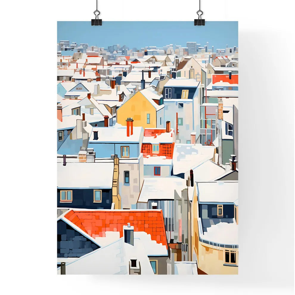 A Poster of snowy urban roofs of paris - A Group Of Buildings Covered In Snow Poster