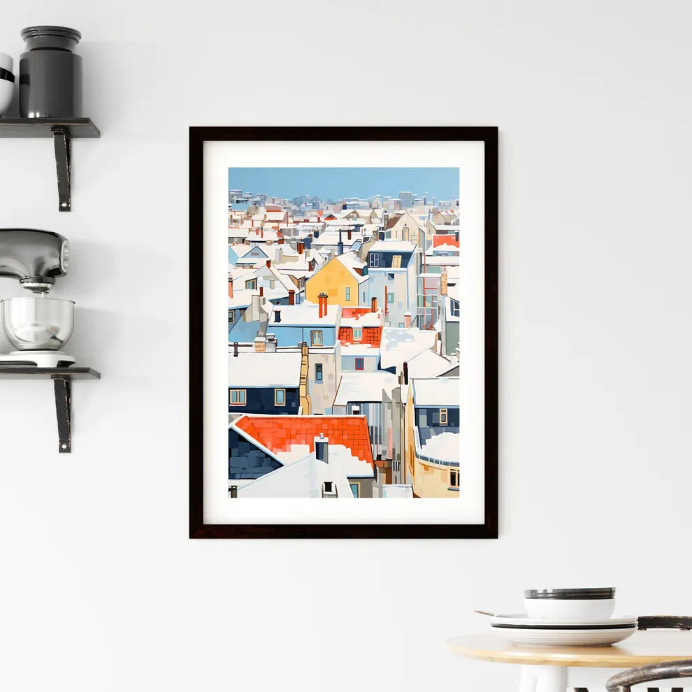 A Poster of snowy urban roofs of paris - A Group Of Buildings Covered In Snow Custom Print