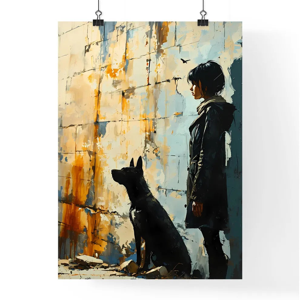 A Poster of a girl is walking with a black dog  Poster