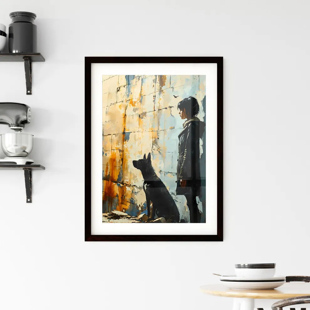 A Poster of a girl is walking with a black dog  Framed Print