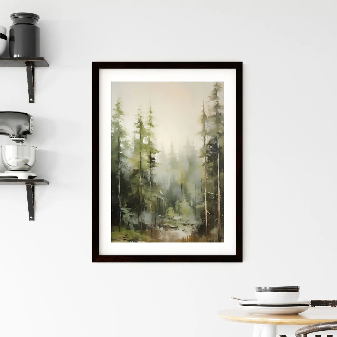 A Poster of a painting of green forest trees Framed Print