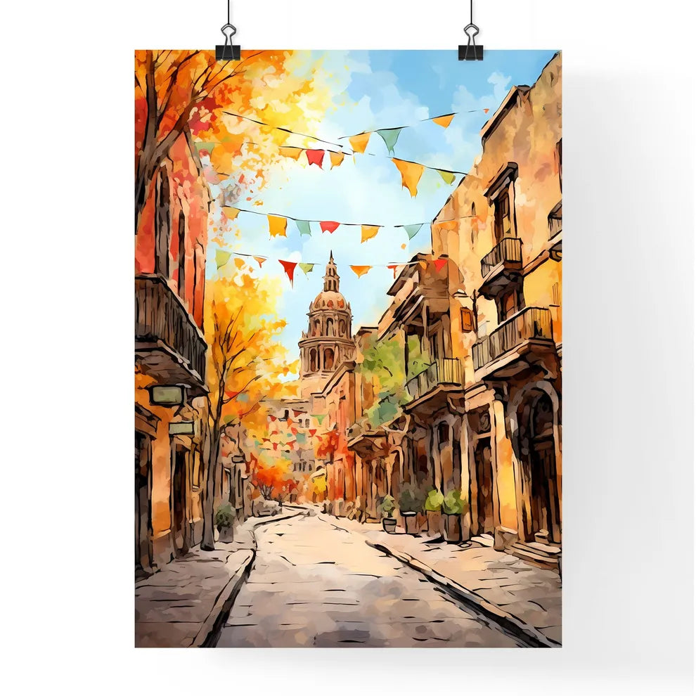 A Poster of cinco de mayo holiday - A Street With Flags And Buildings Poster