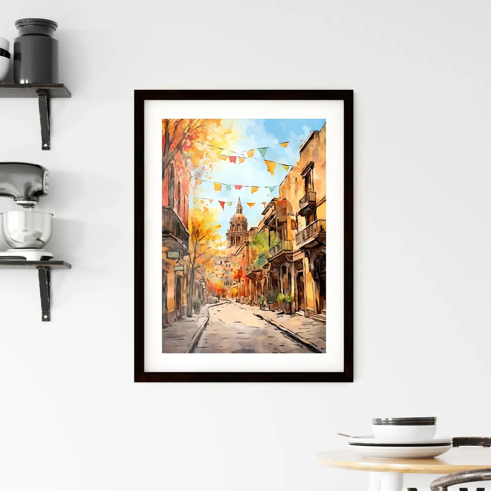 A Poster of cinco de mayo holiday - A Street With Flags And Buildings Custom Print