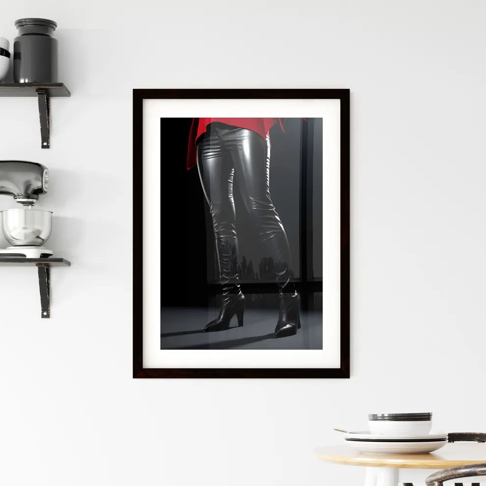 A Poster of female black skintight leather p Framed Print