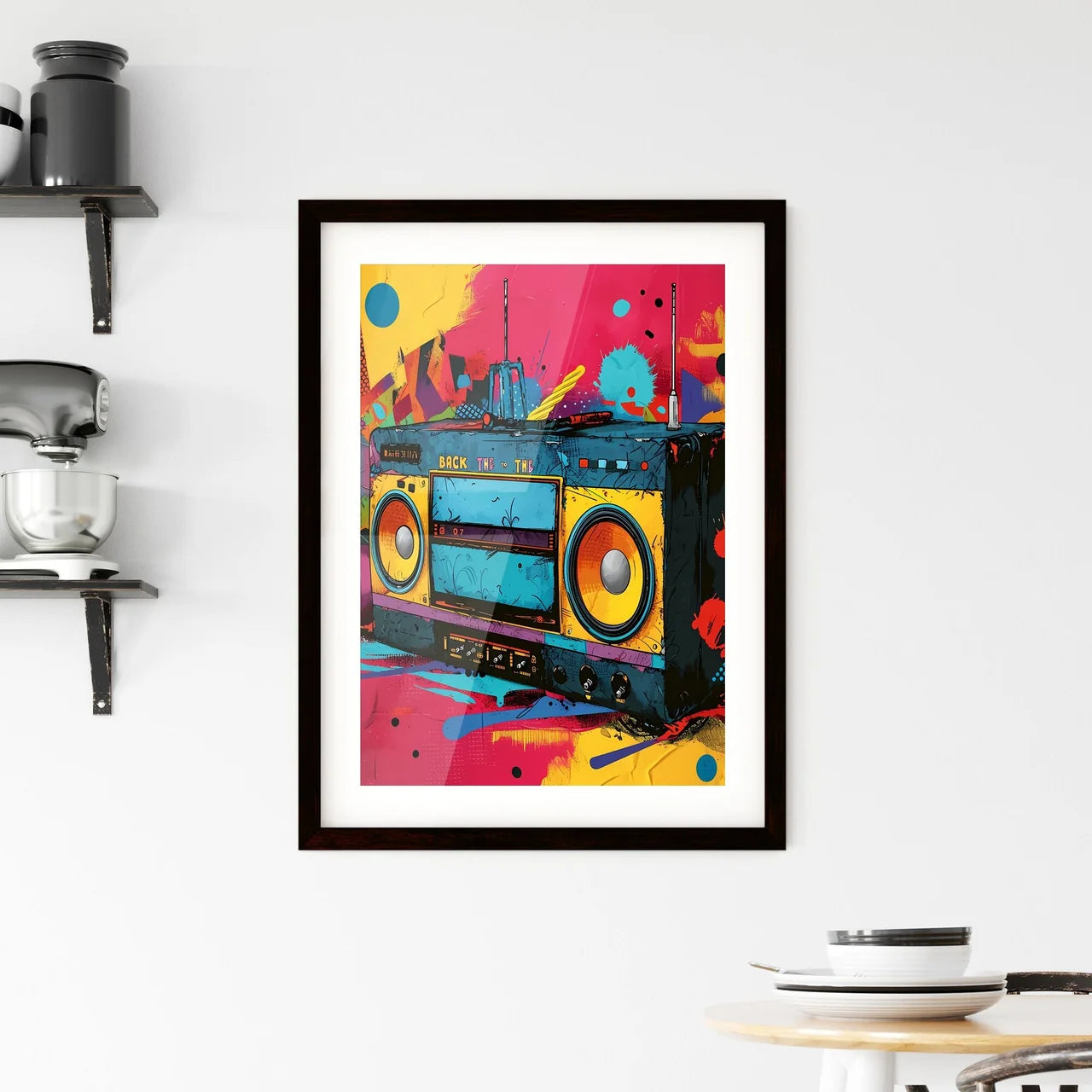 A Poster of 'back to the 80s'in a colorful b Framed Print