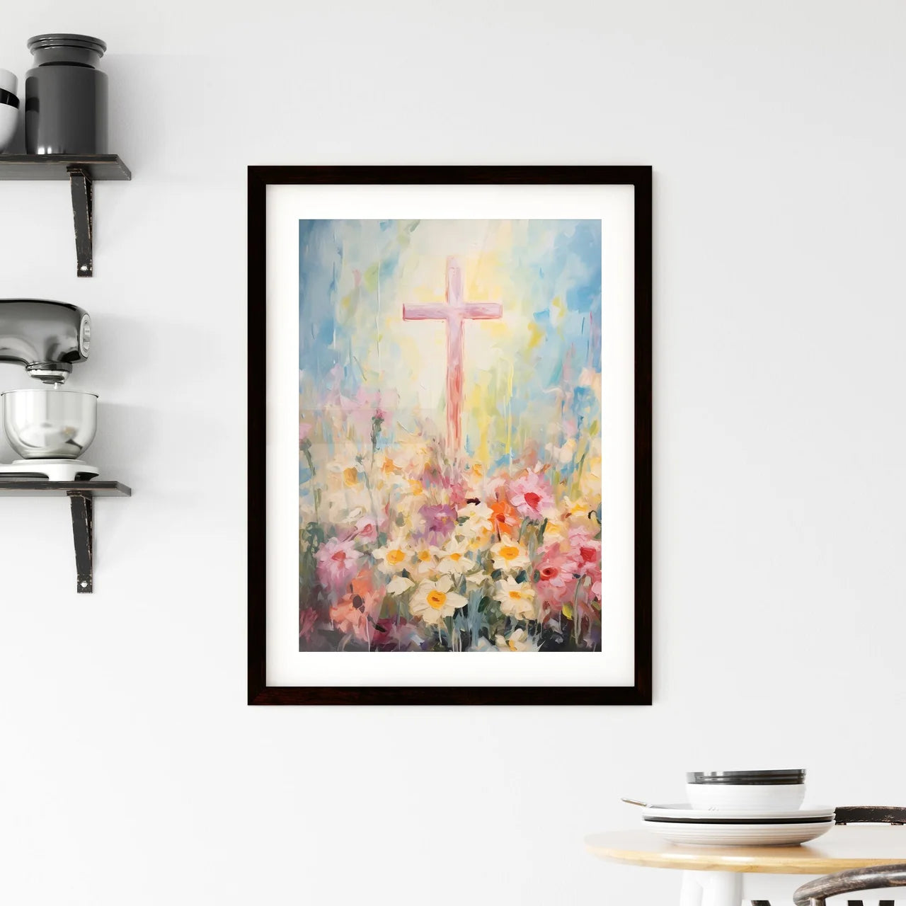 A Poster of a painting of a cross - A Painti Framed Print