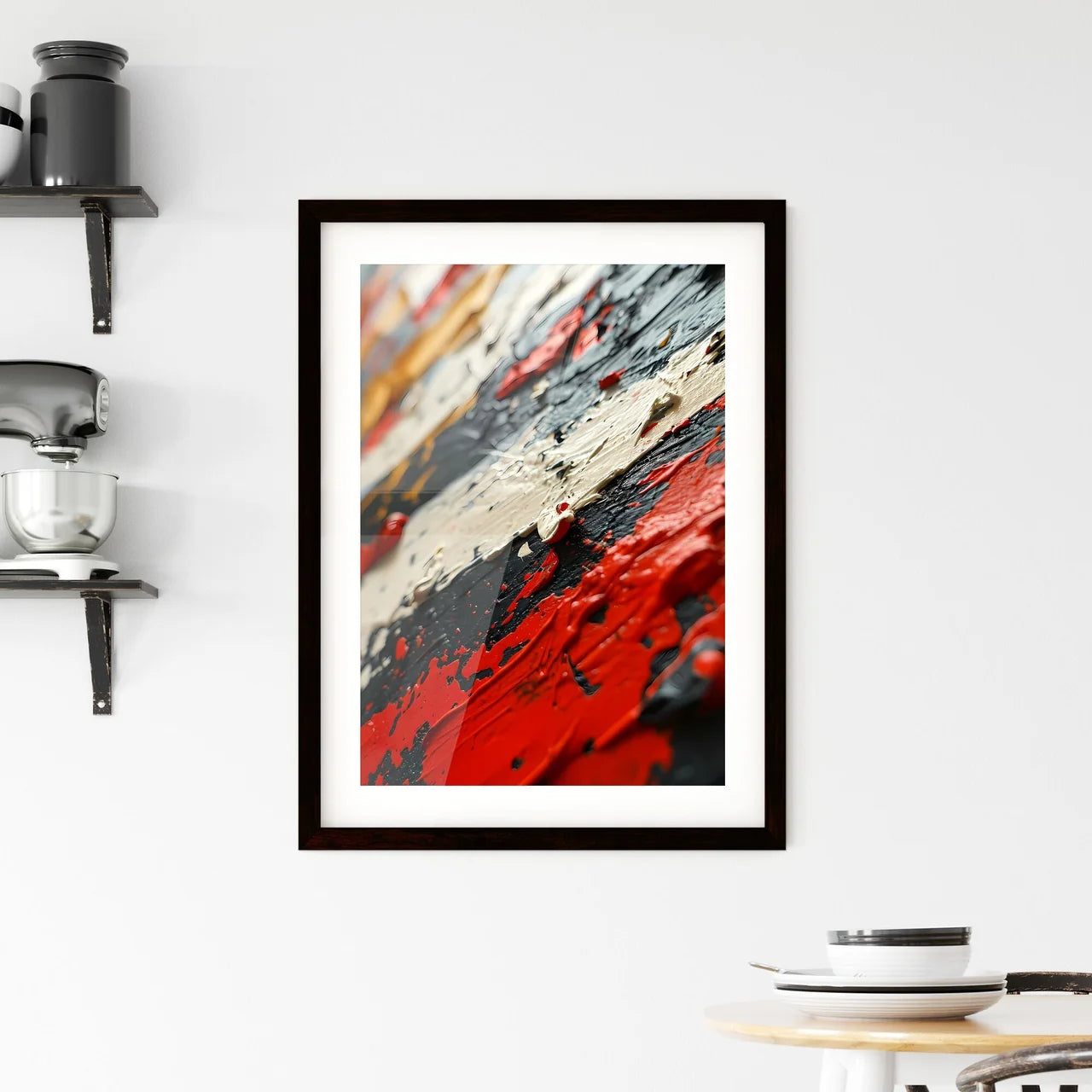 A Poster of a black canvas with white and re Framed Print