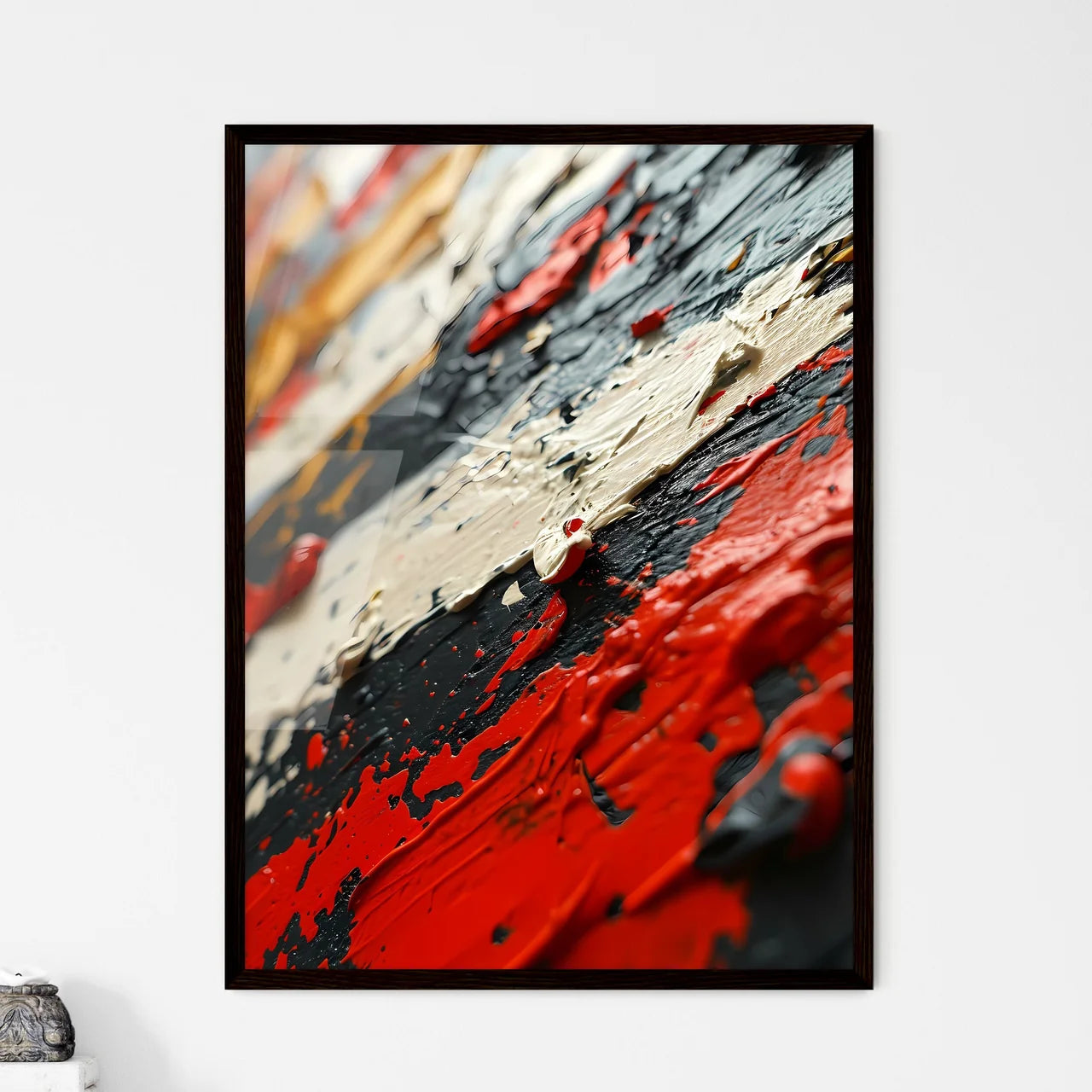 A Poster of a black canvas with white and re - Framed Art Print