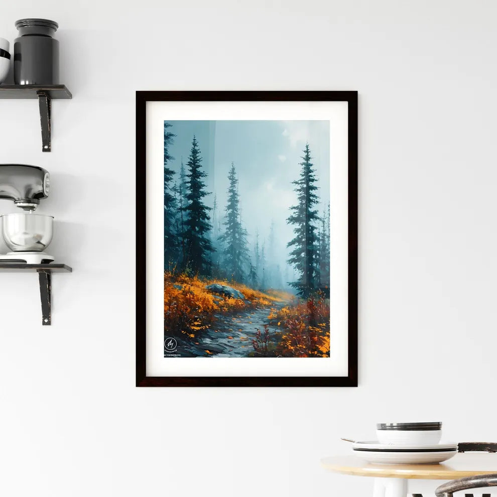 A Poster of tree mountain forest near mist - Framed Print