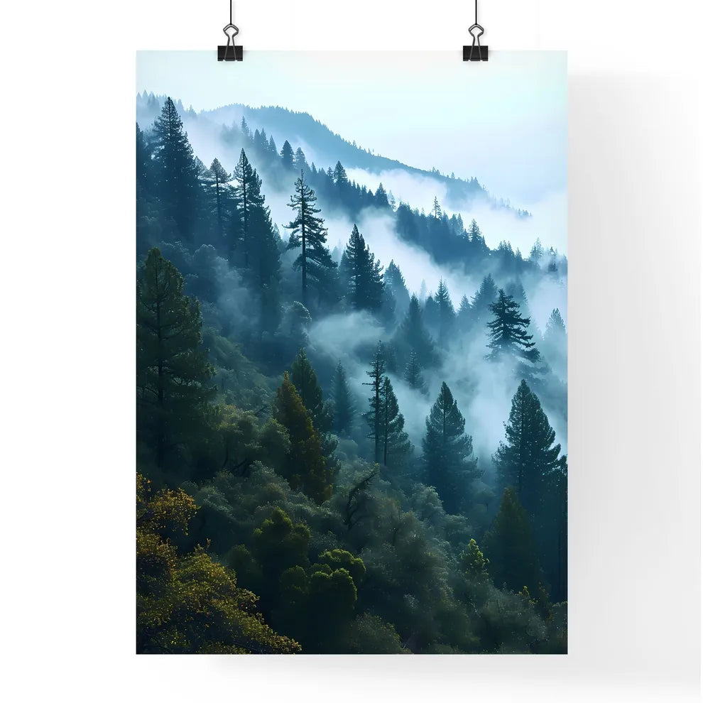 A Poster of tree mountain forest near mist - Poster