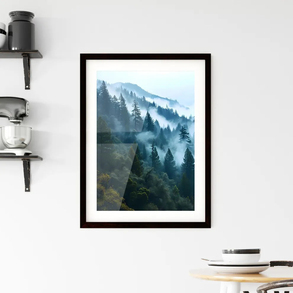 A Poster of tree mountain forest near mist - Framed Print