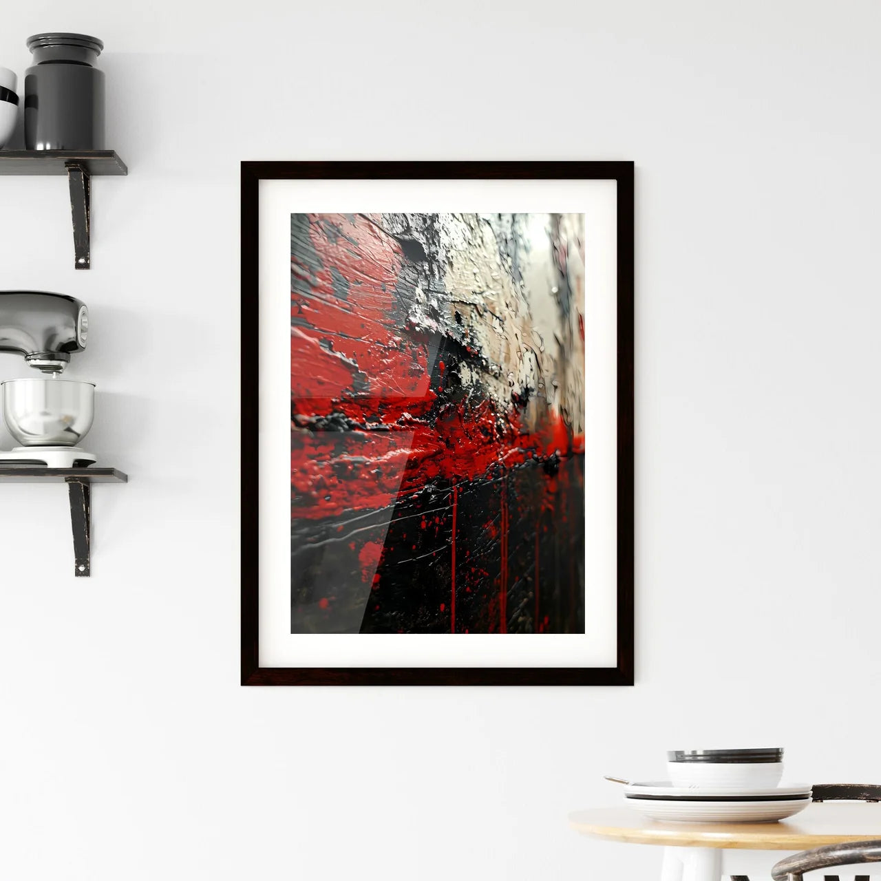 A Poster of a black canvas with white and re Framed Print