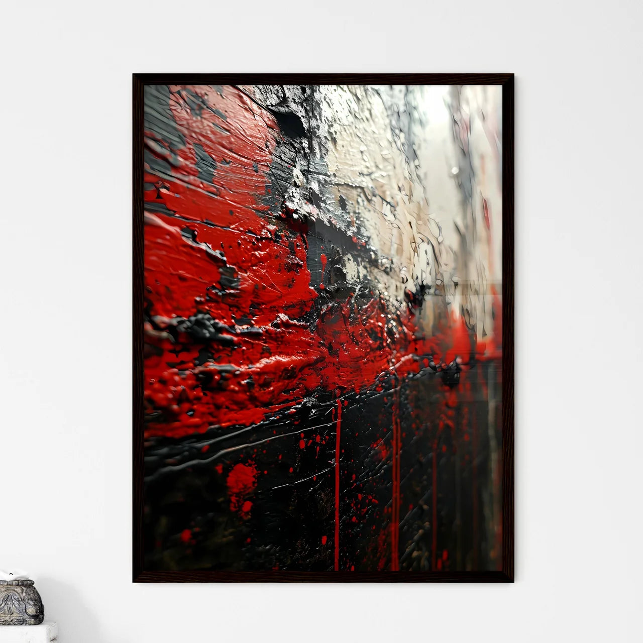 A Poster of a black canvas with white and re - Framed Art Print