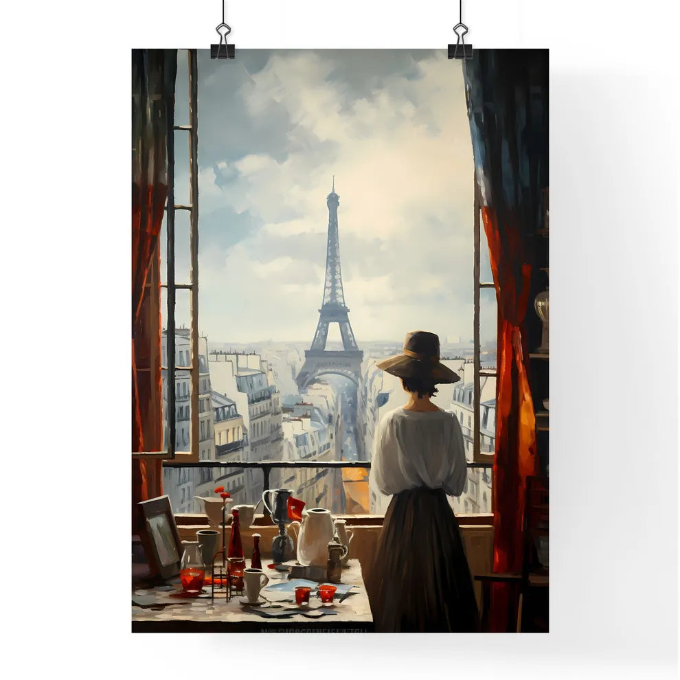 A Poster of if Picasso was a photographer - A Woman Looking Out A Window At The Eiffel Tower Poster