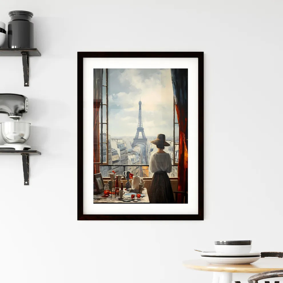 A Poster of if Picasso was a photographer - A Woman Looking Out A Window At The Eiffel Tower Custom Print