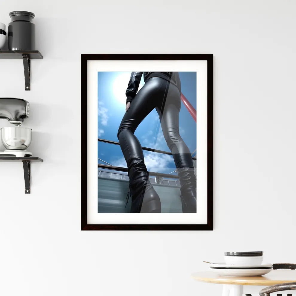 A Poster of female black skintight leather p Framed Print
