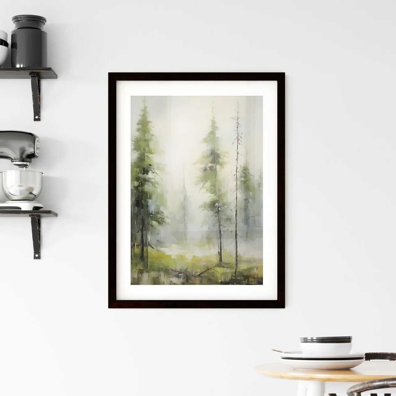 A Poster of a painting of green forest trees Framed Print