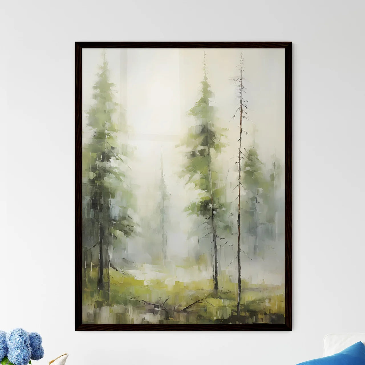 A Poster of a painting of green forest trees - Framed Art Print
